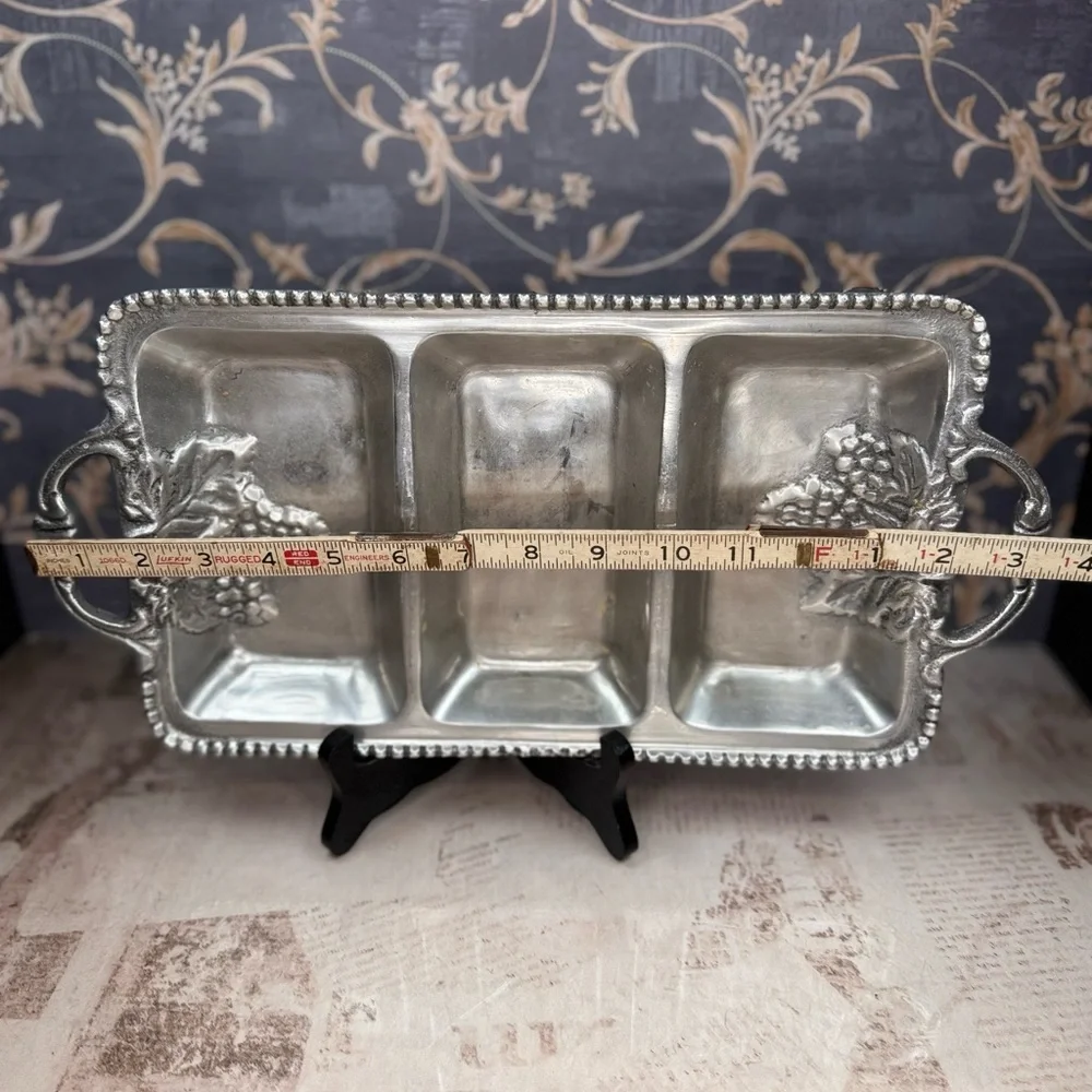 Vintage Pewter 3 Section Relish Tray Heavy Ornate Serving Dish Handles